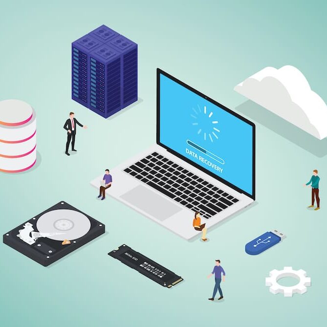 data recovery from bad sector server database with some hardware and tools with team people and modern flat style isometric - vector